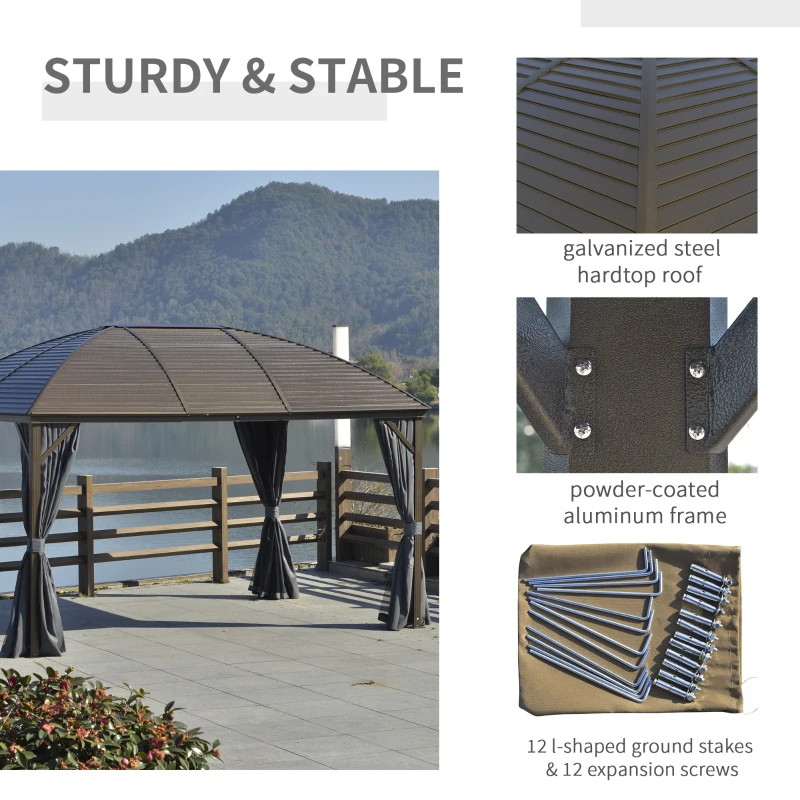 Outsunny 3 x 4m Hardtop Gazebo Canopy with Metal Roof, Aluminium Gazebo Permanent Pavilion with Netting and Curtains, Dark Grey