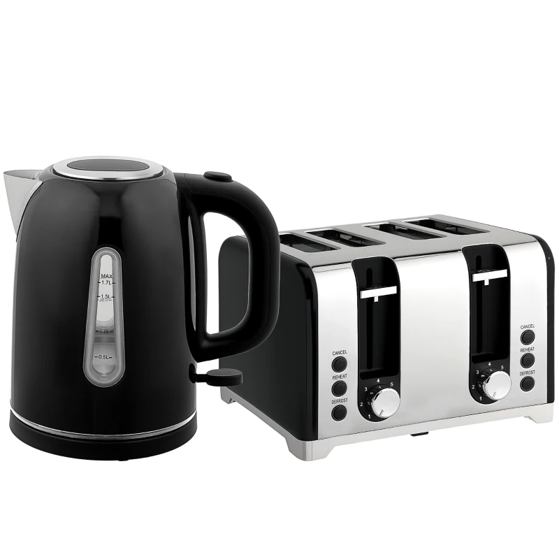 HOMCOM Kettle and Toaster Set, 1.7L 3000W Rapid Boil Jug Kettle with Strix Thermostat, Limescale Filter, 4 Slice Toaster with 7 Browning Controls, Crumb Tray, Black