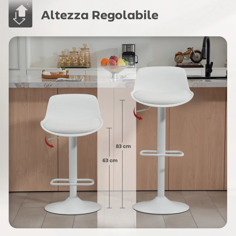 HOMCOM Set 2 Sgabelli da Bar con Schienale, Altezza Regolabile, Seduta Girevole in Pelle PU e Poggiapiedi, Bianco