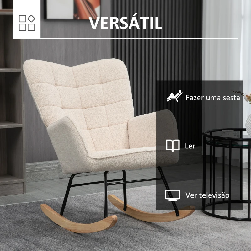 HOMCOM Poltrona Baloiço em Borrego com Oscilação de 40° Pés de Madeira de Faia e Estrutura de Aço 71x98x101 cm Bege
