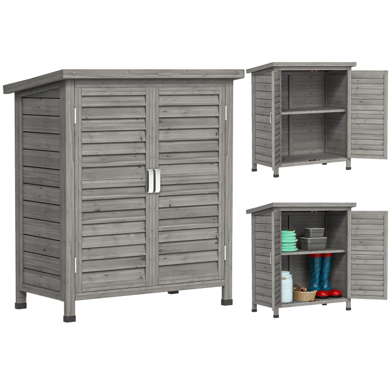 Outsunny Gartenschrank Holz Gerätehaus Geräteschuppen Geräteschrank Holzhütte Pultdach Bitumenpappe Lamellentüren Grau 87 x 46,5 x 96,5 cm