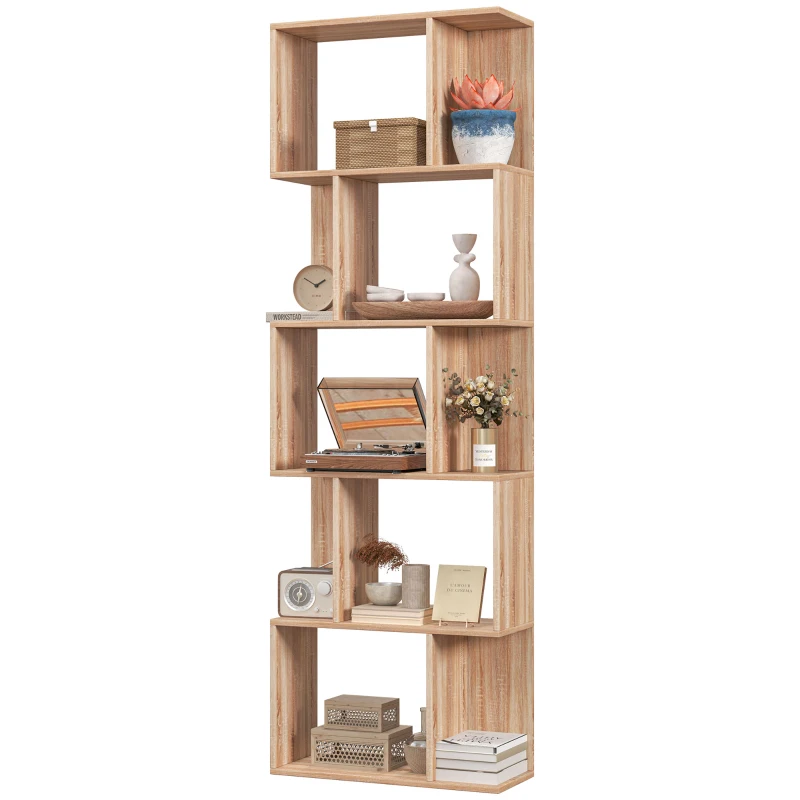 HOMCOM Bibliothèque à 5 niveaux, meuble de rangement en forme de S avec étagères, 60 x 24 x 184,5 cm, effet bois naturel