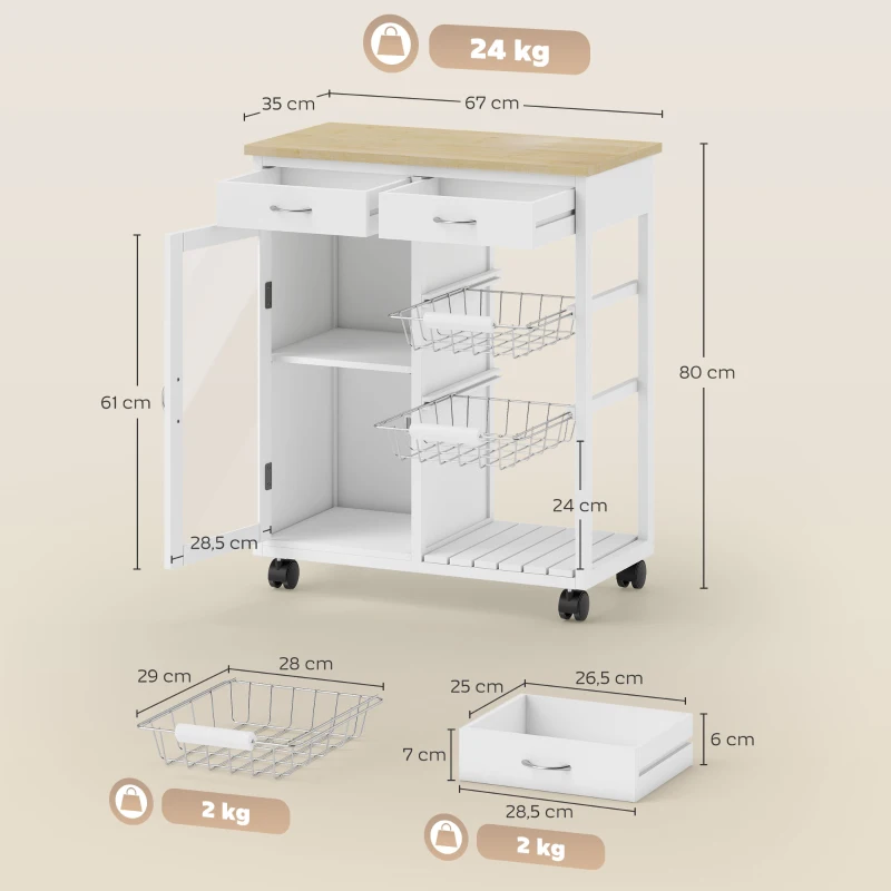 HOMCOM Carro de Cocina en Bambú con 2 Cajones, Armario, Estante y 2 Cestas de Acero, 67x35x80 cm, Blanco