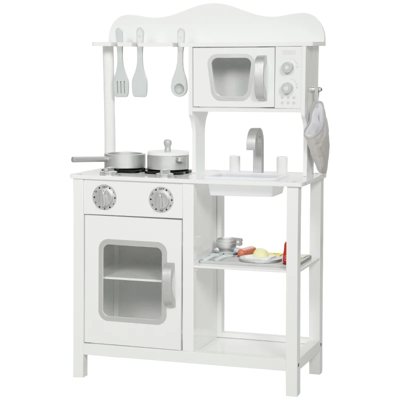 AIYAPLAY Cucina giocattolo in legno con suono, accessori, lavello e microonde, per bambini a partire dai 3 anni, Bianco