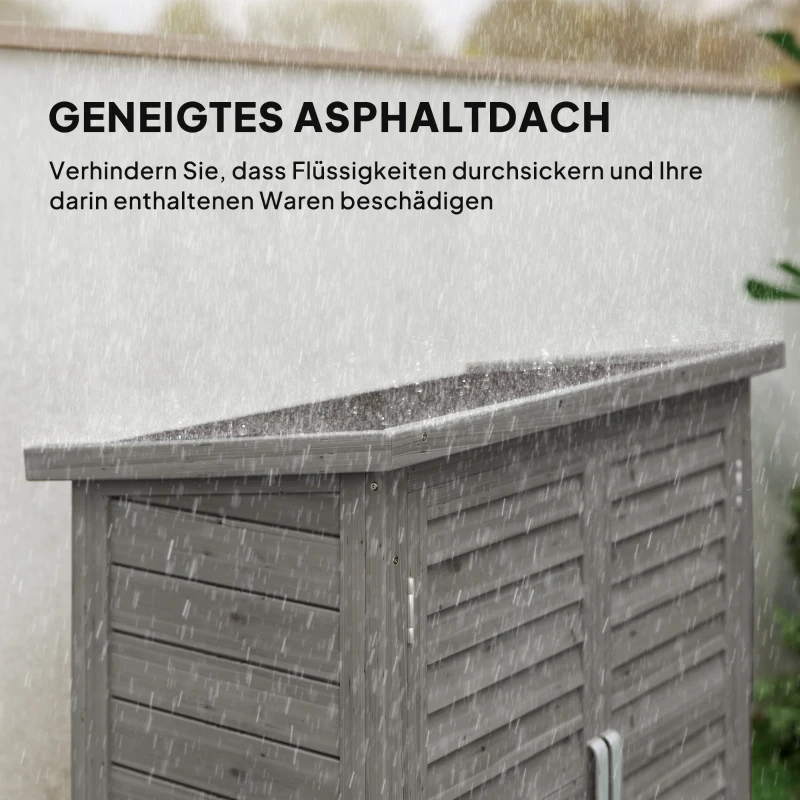 Outsunny Gartenschrank Holz Gerätehaus Geräteschuppen Geräteschrank Holzhütte Pultdach Bitumenpappe Lamellentüren Grau 87 x 46,5 x 96,5 cm