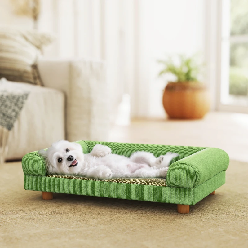 PawHut Sofá para perro y gato cama para perro elevada, asiento tipo alfombra fresca, reposabrazos, de terciopelo suave 63 x 41 x 17 cm, vert