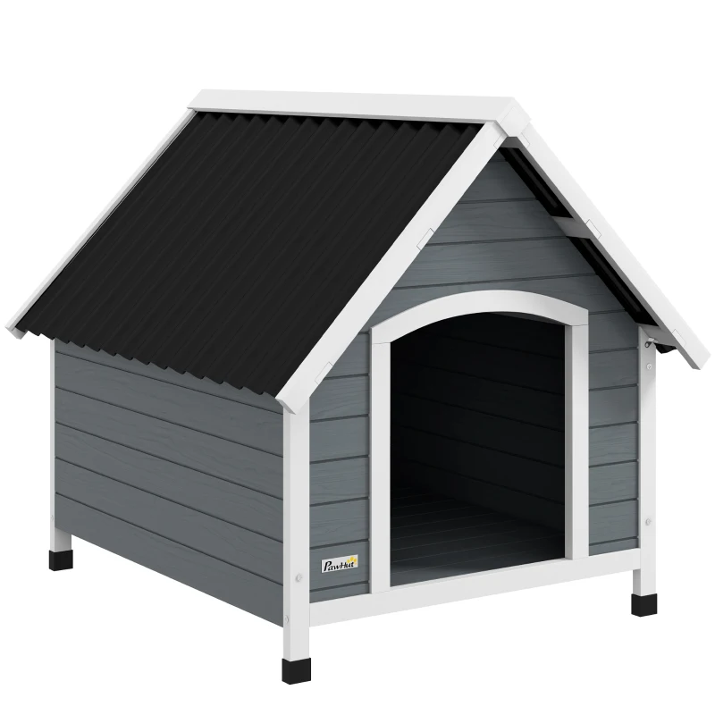PawHut Cuccia per Cani in Legno da Esterno, Casetta per Cani Grandi con Pavimento Rimovibile, 84x99x87cm, Grigio