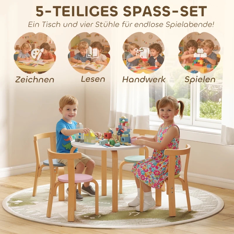 AIYAPLAY 5-delig kindertafel- en stoelset, licht massief hout, meerkleurig
