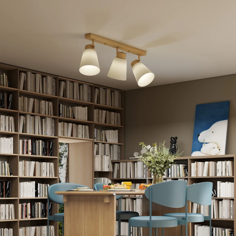 HOMCOM Plafonnier avec 3 Points Lumineux Réglables à 90° et Douilles E27, Couleur Bois