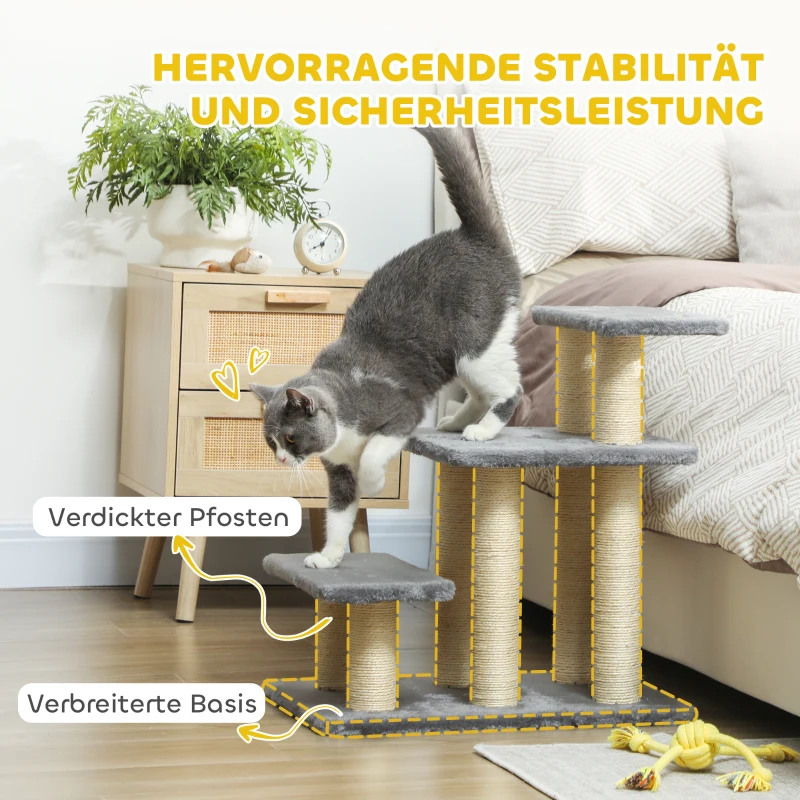 PawHut Hondentrap 3 treden 54 cm Hoog Huisdiertrap voor Kleine Honden Kattentrap met Sisal Krabpaal, Speelbal