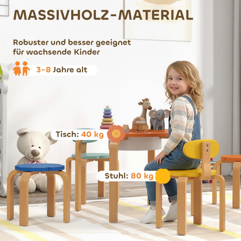 AIYAPLAY 5-delige kindertafel- en stoelenset met opbergtas, bloemvorm, voor speelkamer en kinderkamer, hout, kleurrijk
