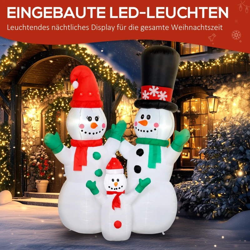 Outsunny Opblaasbare Sneeuwmanfamilie, 1,8 m Kerstdecoratie met LED-verlichting voor Binnen en Buiten