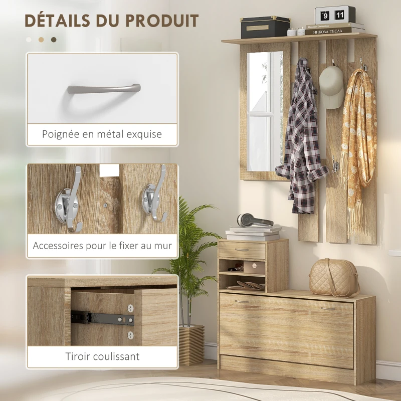 HOMCOM Meuble d'entrée vestiaire panneau porte-manteau, miroir et banc à chaussures - 6 crochets 90x10x102cm effet bois naturel