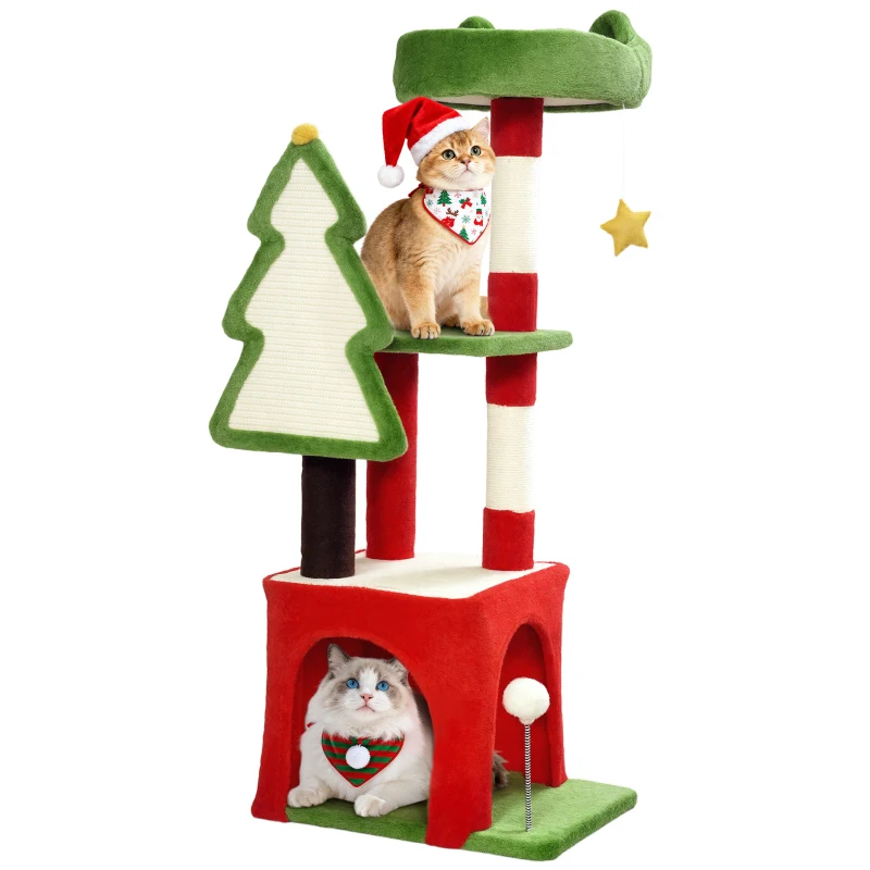 PawHut Christmas Cat Tree, 120cm Cat Tower with Scratching Post & Board, Platform, Toys, Green