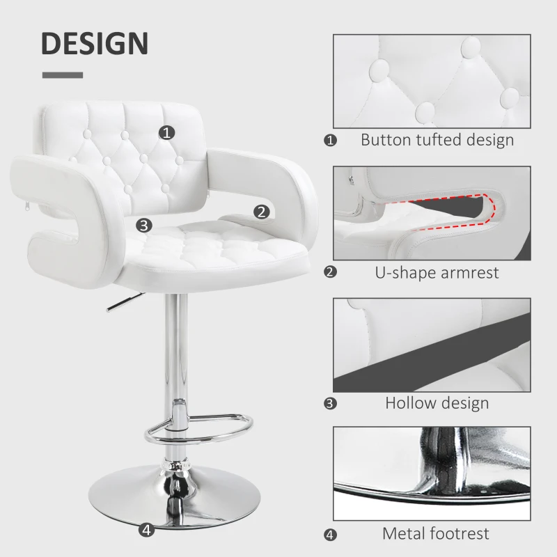 HOMCOM PU Leather Upholstered Swivel Bar Stool, Height Adjustable Barstool with Back, Armrest, Footrest for Kitchen