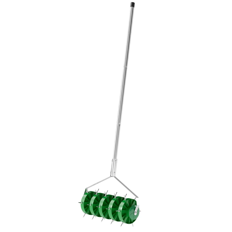 Outsunny Rolo Aireador de Relva Manual com Pontas e Cabo Desmontável em Três Peças para Jardim Pátio 45x21x140 cm Verde Escuro