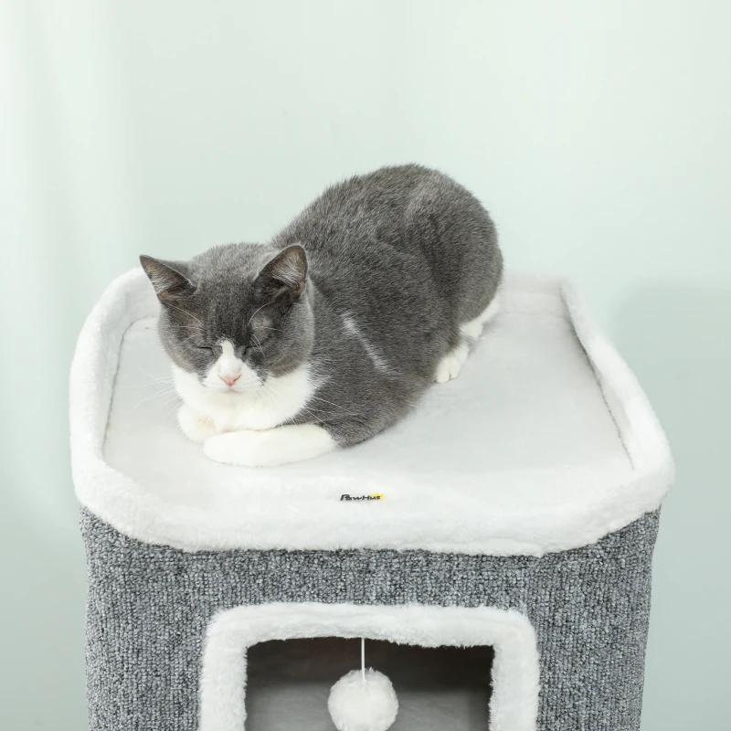 PawHut Torre para Gatos con 3 Casitas, 3 Pelotas y Plataforma, en Madera, Tejido y Peluche, 41x41x100 cm, Gris y Blanco