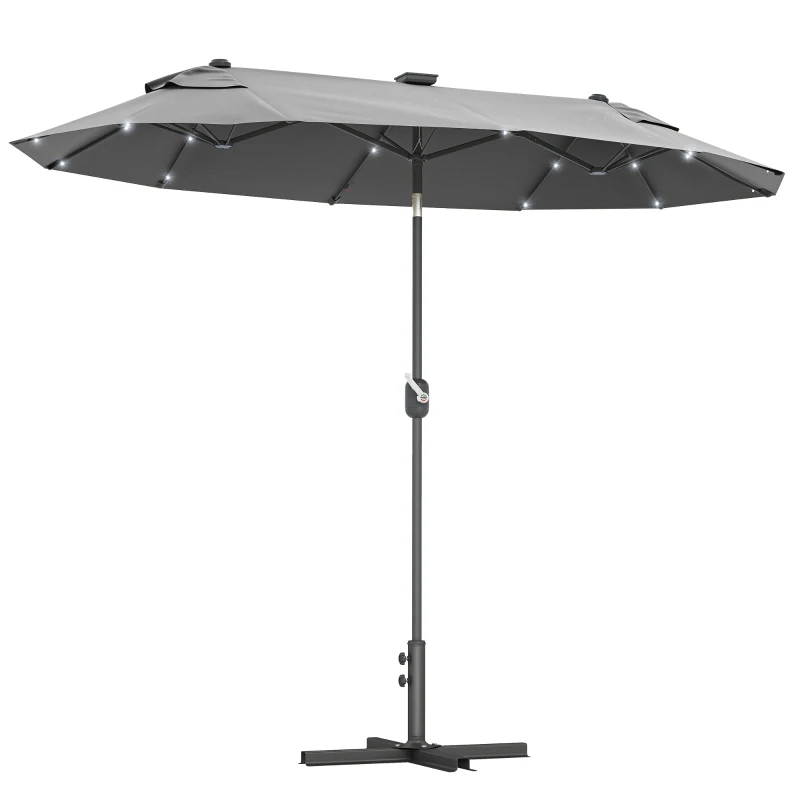 Outsunny Umbrela de terasa cu doua fete cu lumini solare si baza in cruce, Umbrela de masa pentru exterior cu buton de inclinare, manivela, 2 orificii de ventilatie, pentru gradina, punte, Gri