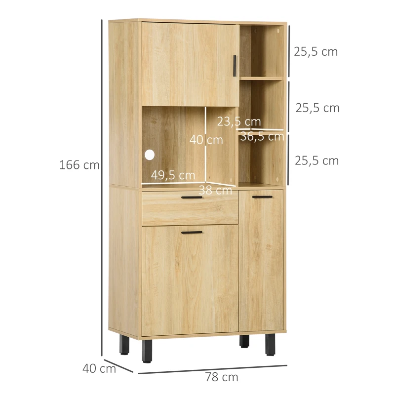 HOMCOM Credenza Cucina Alta con un Cassetto e 3 Armadi, Mobile Buffet con 4 Nicchie e Passacavi, 78x40x166cm, Legno naturale| Aosom Italy