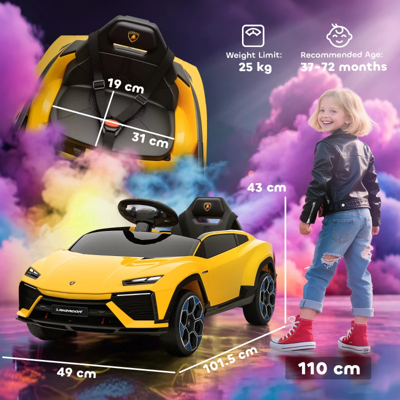AIYAPLAY Auto elettrica per bambini 12V con telecomando 2,4 GHz, 2 motori, clacson, LED, musica, 101,5 x 49 x 43 cm, Giallo