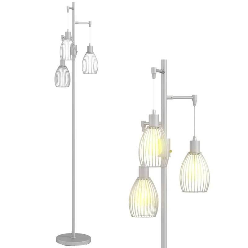 HOMCOM 3-Light Floor Lamp, 170cm Industrial Dimmable Standing Lamp with Steel Wire Cage Lampshades for Living Room, Bedroom, Dining Room, Study, Bulb Not Included, Silver Tone