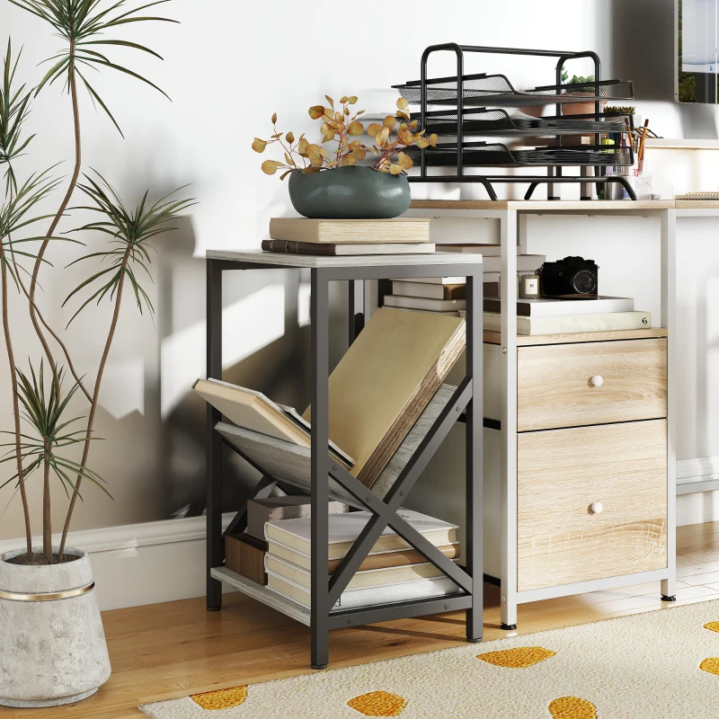 HOMCOM Narrow side table, end table 3-tier storage, V-shaped magazine rack, steel frame, 40x30x61cm, dark gray