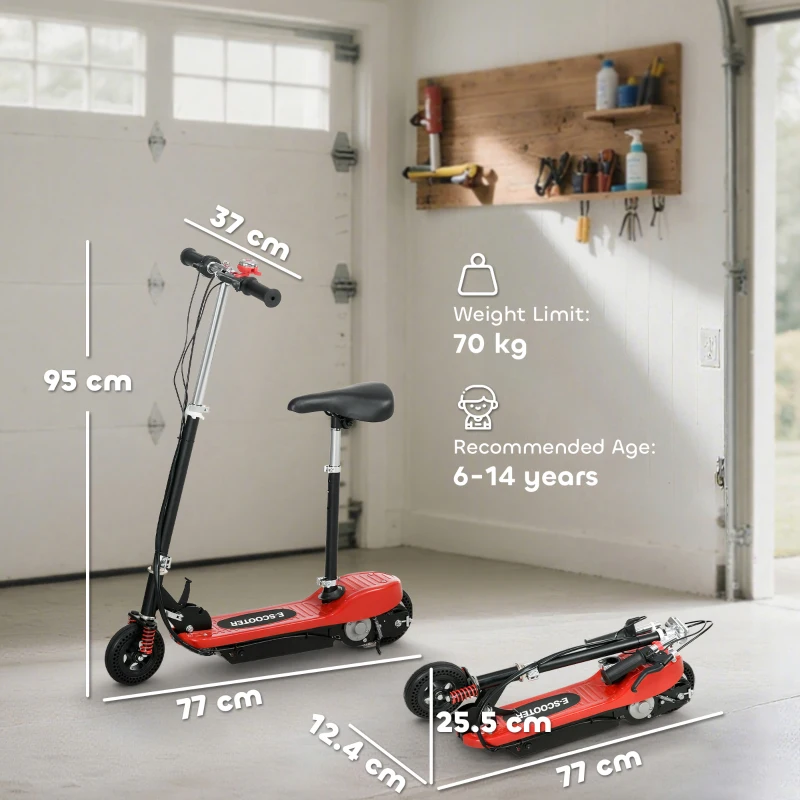 HOMCOM Steel Ride on Powered Scooter, Folding E-Scooter with Warning Bell, 15km/h Maximum Speed, for 6-14 Years Old, Red