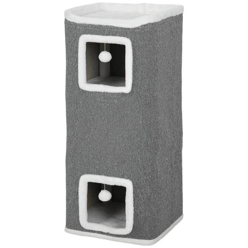 PawHut Torre para Gatos con 3 Casitas, 3 Pelotas y Plataforma, en Madera, Tejido y Peluche, 41x41x100 cm, Gris y Blanco