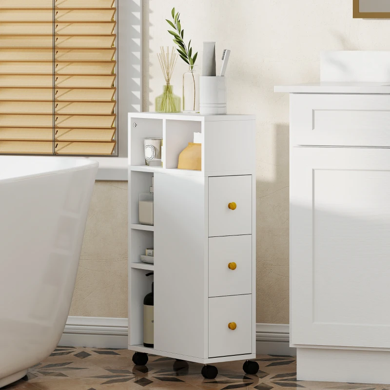 HOMCOM platzsparender Badezimmerschrank mit Rollen, 3 Schubladen und 5 Fächer mit verstellbaren Ablagen, 20x40x80 cm, Weiß