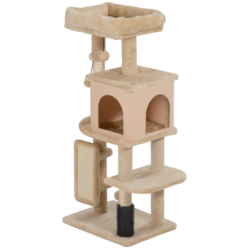 PawHut Albero per Gatti Multilivello Alto 104 cm con Casetta, Lettino, Pali Tiragraffi, Spazzola e Pallina, Beige
