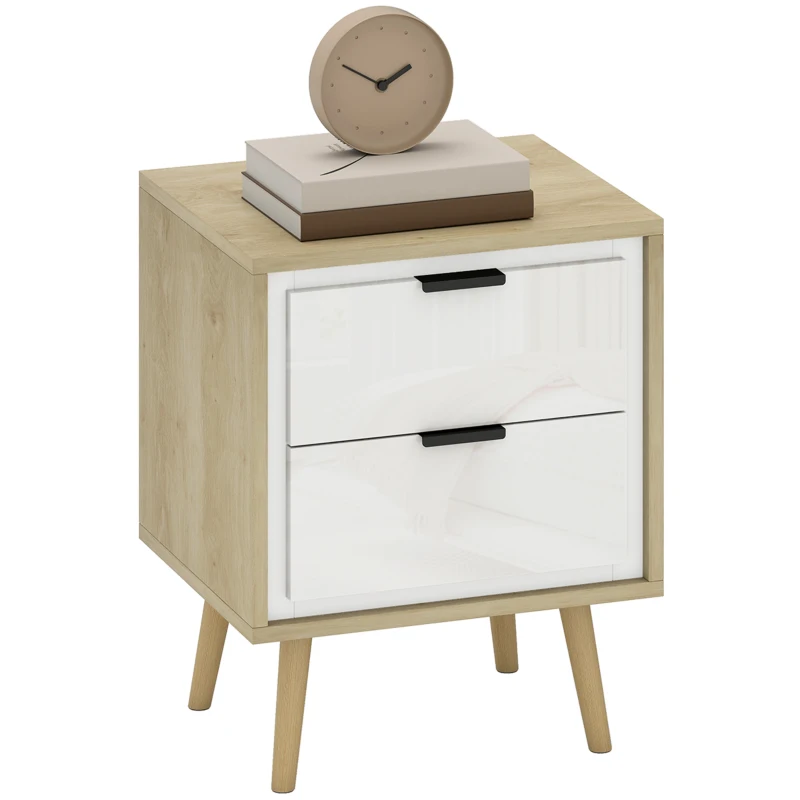 HOMCOM Mesita de noche estrecha, mesa auxiliar 2 cajones silenciosos y patas en madera maciza, 40 x 35 x 50 cm, blanco brillante