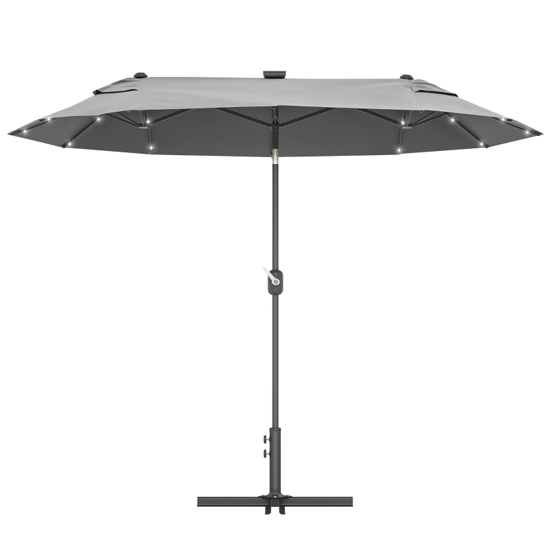Outsunny Sombrilla de Jardín Doble 295x150x219 cm con Luces LED Solares Toldo con Inclinación Ajustable y Manivela Manual Gris