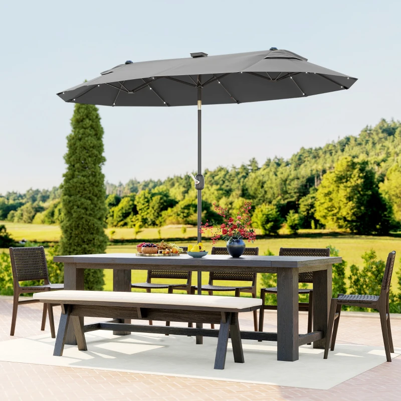 Outsunny  Umbrela de terasa cu doua fete cu lumini solare si baza in cruce, Umbrela de masa pentru exterior cu buton de inclinare, manivela, 2 orificii de ventilatie, pentru gradina, punte, Gri