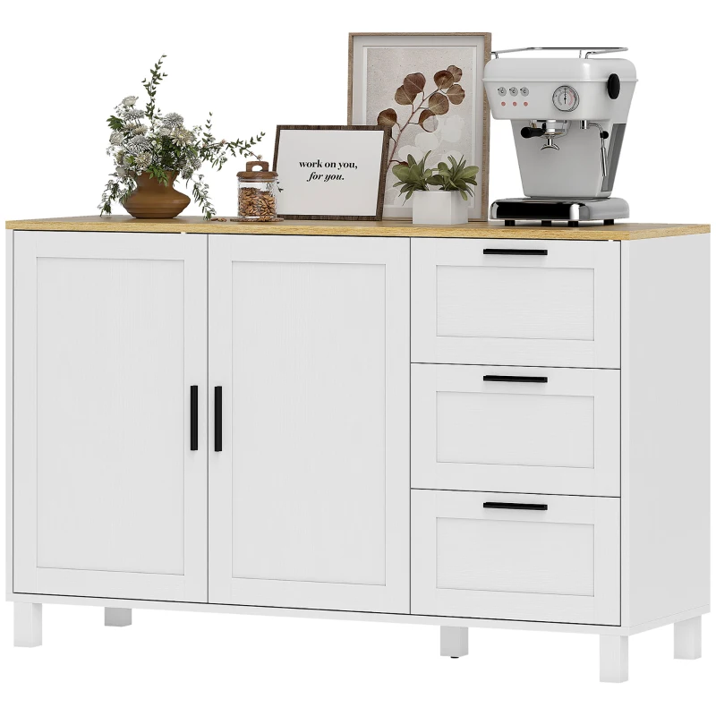 HOMCOM Buffet salon, meuble de rangement, double porte à fermeture amortie, 3 tiroirs et étagère réglable, 120x38x76cm, blanc