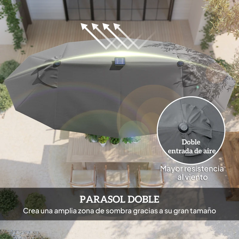Outsunny Sombrilla de Jardín Doble 295x150x219 cm con Luces LED Solares Toldo con Inclinación Ajustable y Manivela Manual Gris