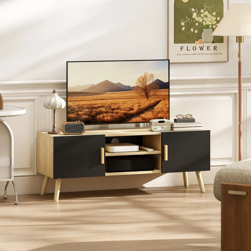 HOMCOM TV-Möbel TV-Bank aus Holz bis zu 127 cm mit Ablagen, 2 Schränken und Kabeldurchlässen, Eiche