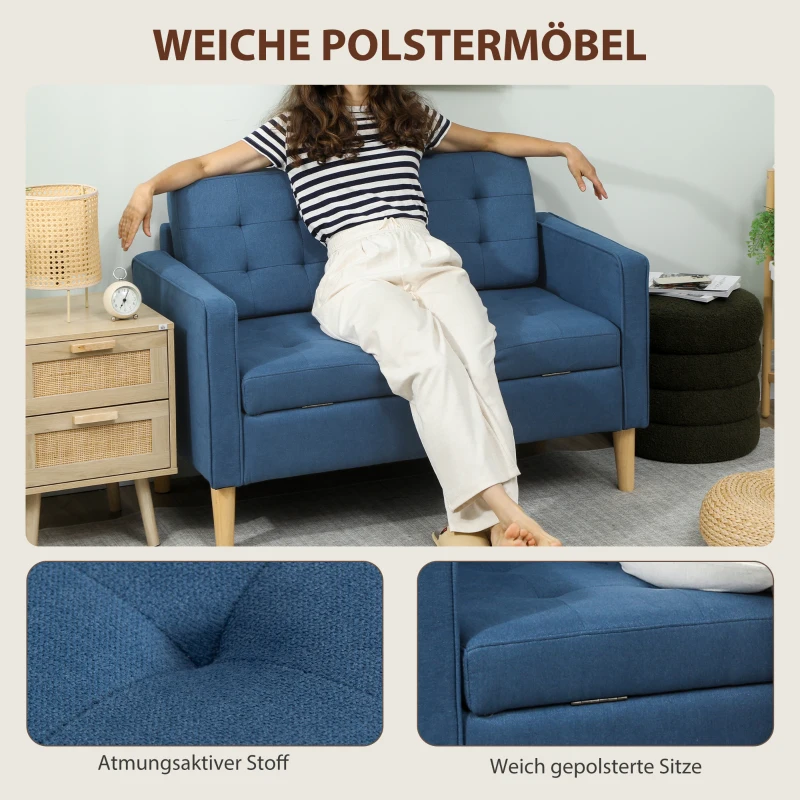 HOMCOM Zweisitzer-Sofa mit Stauraum, Knopfheftung, Kissen, Kautschukbaumholz, 117x62x78cm, Blau(m-5)