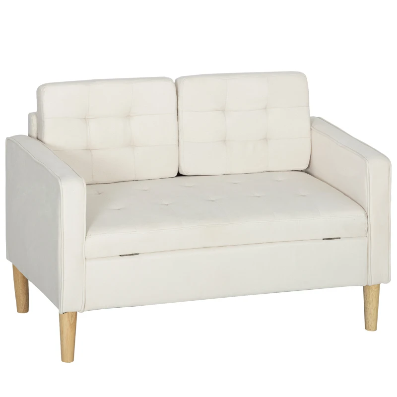 HOMCOM Zweisitzer-Sofa mit Stauraum, Knopfheftung, Kissen, Kautschukbaumholz, 117x62x78cm, Cremeweiß(m-10)