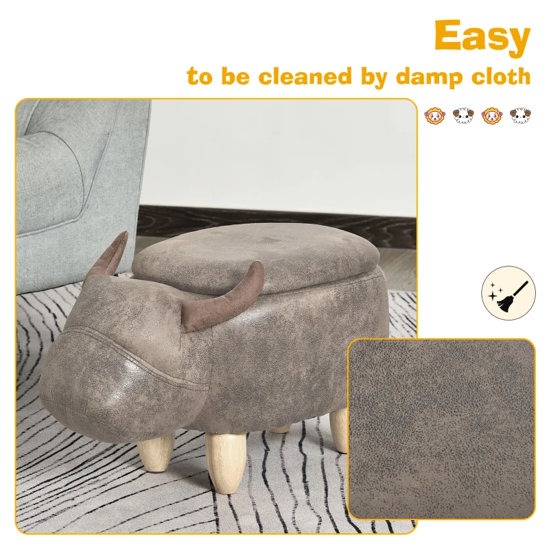 HOMCOM Animal footstool Buffalo Storage Stool Cute Decoration Wood Frame Legs w/Padding Lid Ottoman Furniture Brown