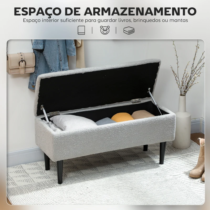HOMCOM Banco de Armazenamento em Borrego Capacidade 47L Tampa Abatível e Pés de Madeira de Borracha Carga 120 kg 95x38x45 cm Cinza