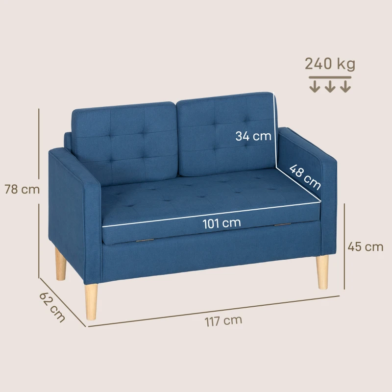 HOMCOM Zweisitzer-Sofa mit Stauraum, Knopfheftung, Kissen, Kautschukbaumholz, 117x62x78cm, Blau(m-3)