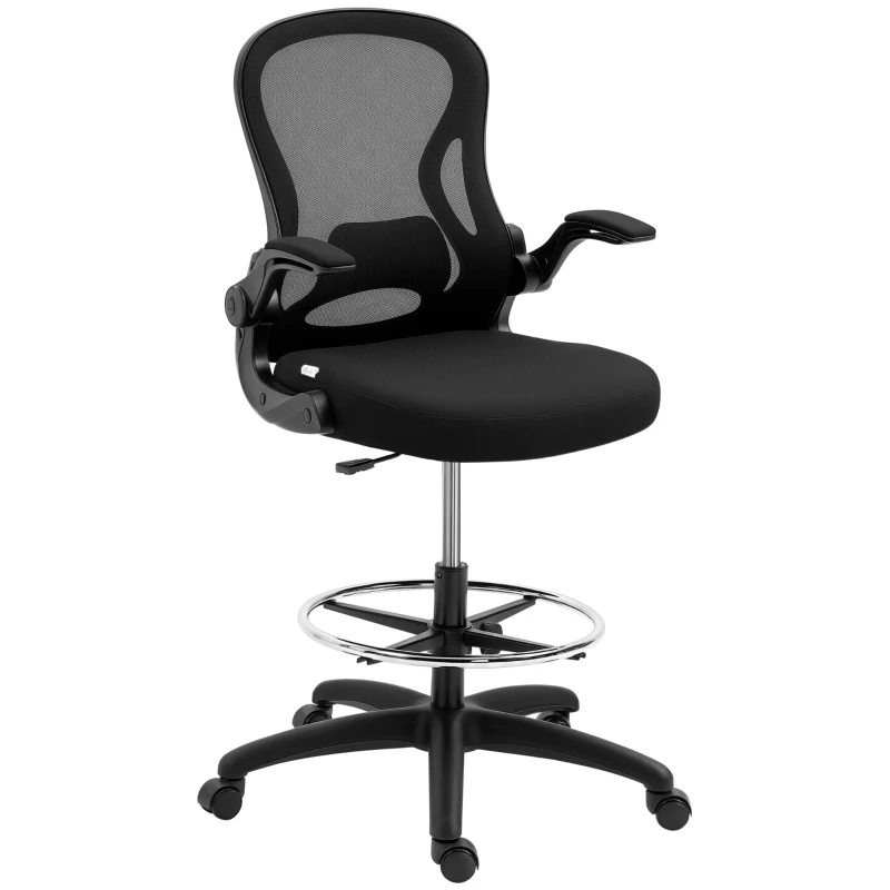 Vinsetto Silla de Dibujo Giratoria con Soporte Lumbar Reposapiés Ajustable y Reposabrazos Abatibles 59x65x102-122 cm Negro