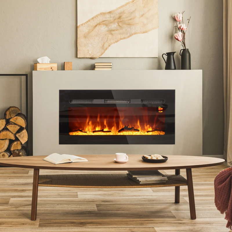 HOMCOM Elektrische Haard voor Wandmontage met Afstandsbediening, Kunstmatige Houtblokken en Kristallen, 1800W, Zwart(m-10)