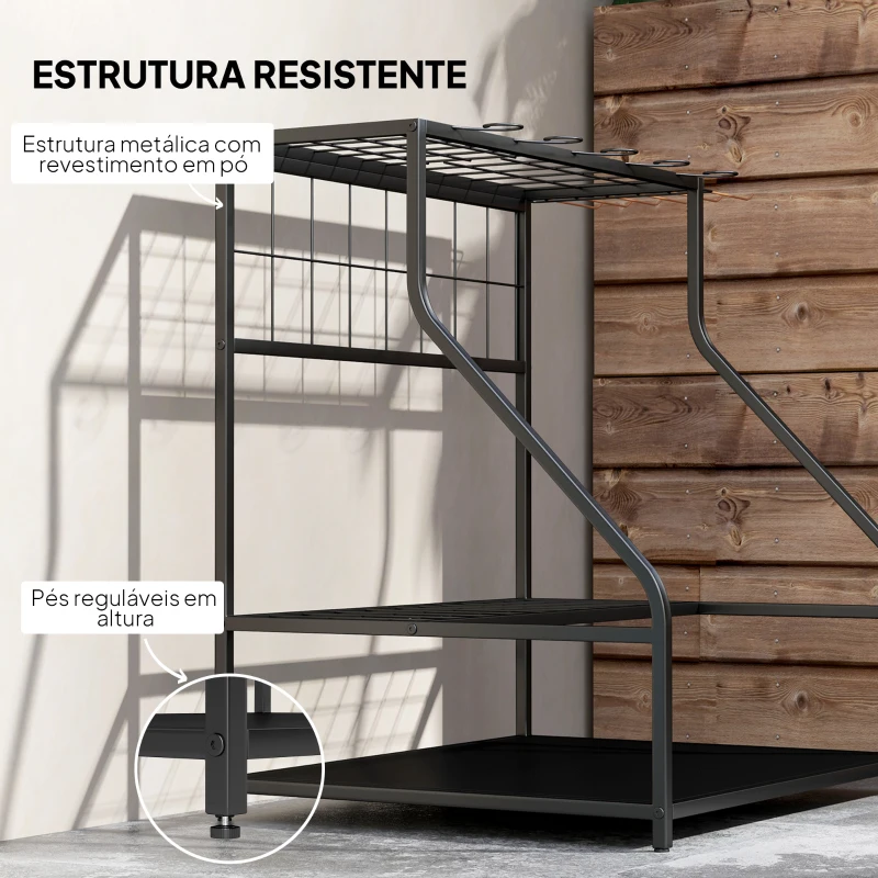 Outsunny Organizador de Ferramentas de Jardim de 3 Níveis para Garagem com Ganchos para Pás Ancinhos Vassouras 84x53x73 cm Preto