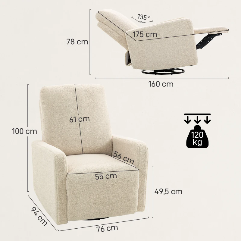 HOMCOM Relaxfauteuil, ontspanningsfauteuil met fleecebekleding, verstelbare rugleuning, gestoffeerde fauteuil, staal, Beige