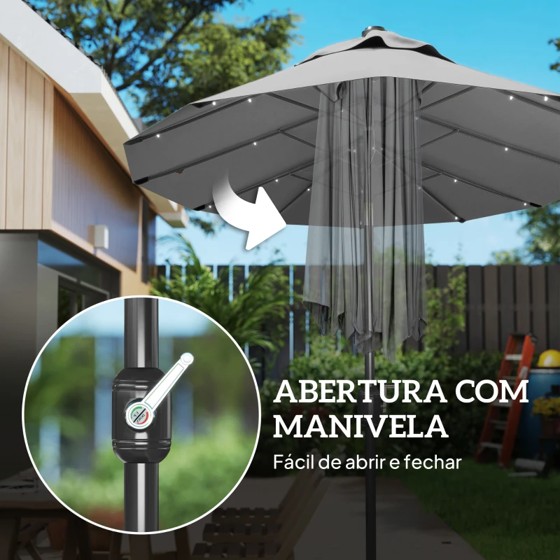 Outsunny Chapéu de Sol Duplo 295x150x219 cm com Luzes LED Solares Teto com Inclinação Ajustável e Manivela Manual para Jardim Cinza