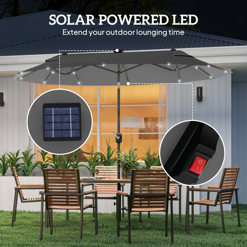 Outsunny  Umbrela de terasa cu doua fete cu lumini solare si baza in cruce, Umbrela de masa pentru exterior cu buton de inclinare, manivela, 2 orificii de ventilatie, pentru gradina, punte, Gri