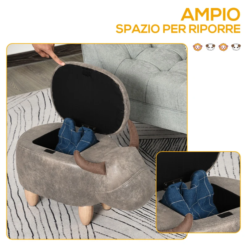 HOMCOM Pouf Contenitore a Forma di Bufalo, Pouf Moderno da Salotto, Sgabello Poggiapiedi, Struttura in Legno, Seduta Imbottita, 62x35x36cm, Marrone
