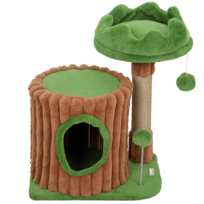PawHut Albero tiragraffi per gatti, design a tronco con casetta, cuccia, palo in iuta e palline, 53 cm, marrone e verde