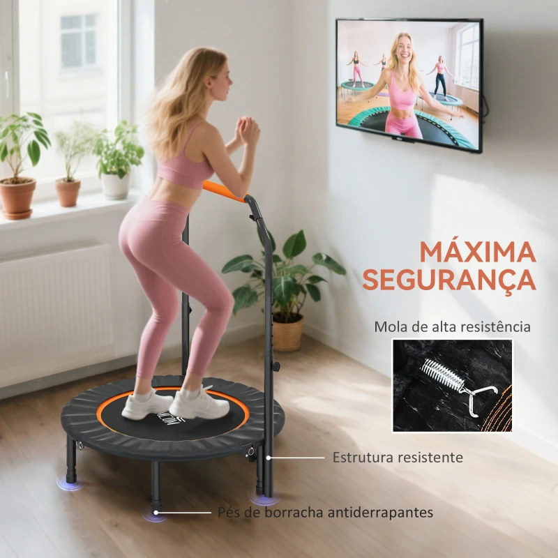 HOMCOM Trampolim Fitness Ø102 Trampolim Dobrável com Pega Ajustável em 4 Níveis Estrutura de Aço Preto e Laranja